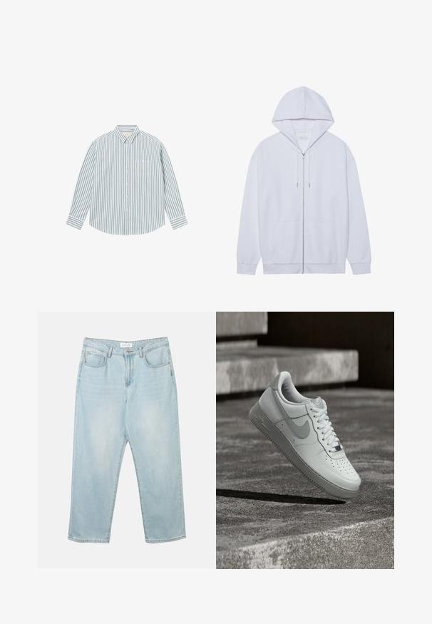 Haut à capuche zippé blanc en tissu doux, doté d'une capuche avec cordon de serrage, de poches avant et de manches à poignets côtelés. Design simple et épuré.; Chemise homme à manches longues avec boutons, rayures verticales vertes et blanches, et une poche poitrine unique brodée avec un petit détail jaune.; Jean en denim bleu clair avec une coupe décontractée, cinq poches, une fermeture à bouton et un léger délavage. La texture est douce et légèrement usée.; Baskets blanches Nike Air Force 1 flottant au-dessus d'une surface en béton texturé avec des marches en pierre en arrière-plan.