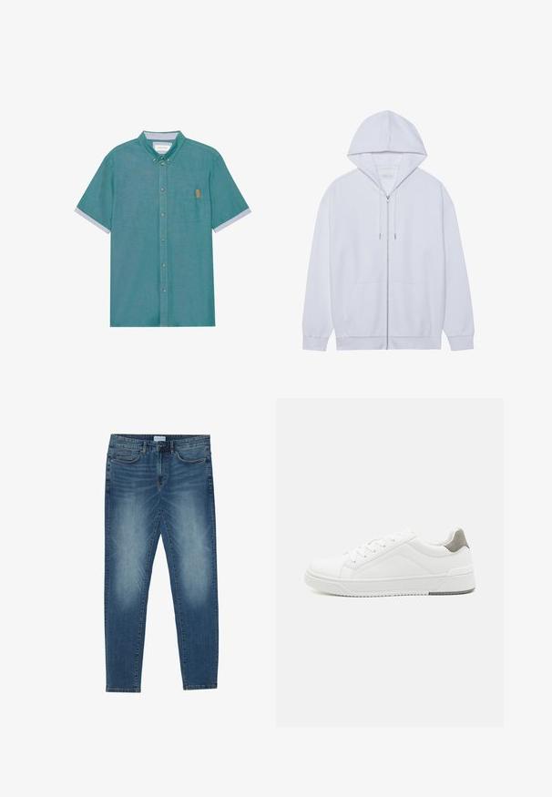 White zip-up hoodie made of soft fabric, featuring a drawstring hood, front pockets, and ribbed cuffed sleeves. Simple and clean design.; Short-sleeve, button-up shirt in teal fabric with a chest pocket and contrasting light gray cuffs, featuring a subtle texture and brown label.; Denim jeans in mid-blue with a faded wash, five-pocket design, straight leg fit, and stitched accents. Button and zipper closure.; White sneaker with smooth leather material, rounded toe, minimalistic design, grey heel accent, and textured rubber sole.