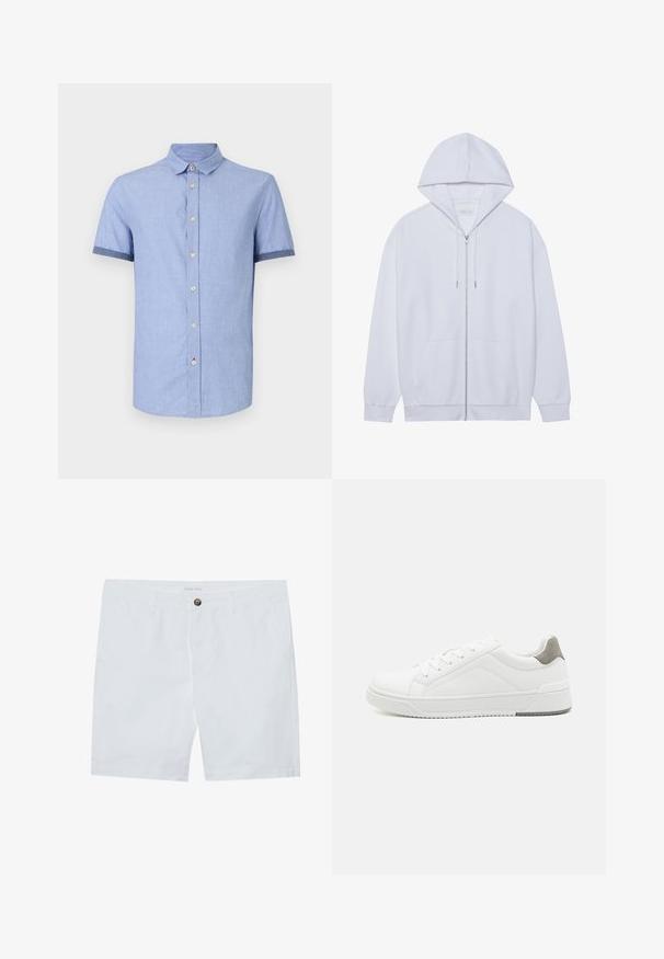 Haut à capuche zippé blanc en tissu doux, doté d'une capuche avec cordon de serrage, de poches avant et de manches à poignets côtelés. Design simple et épuré.; Chemise bleu clair à manches courtes avec un col boutonné, dotée de boutons marron clair et d'une finition contrastante bleu foncé sur les manches.; Shorts en coton blancs avec fermeture à bouton sur le devant, deux poches latérales et coupe droite. Étiquette de marque "Pier One" à la taille.; Basket blanche en cuir lisse, à bout arrondi, design minimaliste, accent de talon gris et semelle en caoutchouc texturé.