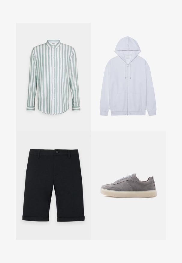Haut à capuche zippé blanc en tissu doux, doté d'une capuche avec cordon de serrage, de poches avant et de manches à poignets côtelés. Design simple et épuré.; Chemise en coton à manches longues avec des rayures verticales vert menthe et blanches, fermeture à boutons, col, poche poitrine simple et ourlet incurvé.; Shorts en coton noir avec fermeture à bouton, coupe ajustée et ourlet retroussé. Comprend des poches avant et une texture lisse.; Baskets basses en daim gris avec semelle en caoutchouc blanche et lacets gris, montrées de profil sur un fond blanc.