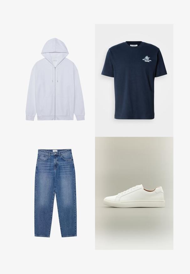 Weißer Zip-Hoodie aus weichem Material, mit einer Kapuze mit Kordelzug, Fronttaschen und gerippten, abgeschlossenen Ärmeln. Schlichtes und sauberes Design.; Navyblaues Baumwoll-T-Shirt mit kurzen Ärmeln, Rundhalsausschnitt und frontalem Grafikdruck eines Globus sowie dem Text "Marc O’Polo DENIM." Schlichtes Design.; Blaue Denim-Jeans mit hoher Taille, geradem Bein und ausgebleichtem Finish. Verfügt über fünf Taschen und einen Knopfverschluss.; Weißer Sneaker mit niedrigem Schaft, Schnürverschluss und flacher Sohle, seitlich auf neutralem Hintergrund gezeigt.