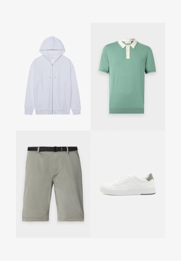 Haut à capuche zippé blanc en tissu doux, doté d'une capuche avec cordon de serrage, de poches avant et de manches à poignets côtelés. Design simple et épuré.; Polo en maille verte à manches courtes avec col blanc contrastant et patte de boutonnage, poignets et ourlet côtelés.; Un short gris en tissu texturé, doté d'une ceinture noire, de poches classiques et d'un ourlet se terminant juste au-dessus du genou.; Basket blanche en cuir lisse, à bout arrondi, design minimaliste, accent de talon gris et semelle en caoutchouc texturé.
