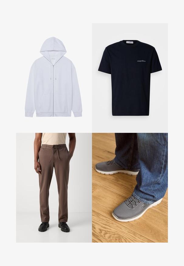 Hvid zip-up hoodie lavet af blødt stof, med snor i hætten, frontlommer og ribbede ærmer. Enkel og ren design.; Marineblå bomuld t-shirt med korte ærmer og rund hals, med en lille hvid broderet logo på venstre side af brystet.; Mand iført brune snørebukser og sorte sko, stående mod en ensfarvet hvid baggrund.; Grå løbesko med mesh-overdel, hvid sål og elastiske snørebånd. Parret med blå denimjeans, på et trægulv.