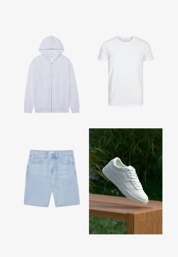 Weißer Zip-Hoodie aus weichem Material, mit einer Kapuze mit Kordelzug, Fronttaschen und gerippten, abgeschlossenen Ärmeln. Schlichtes und sauberes Design.; Rundhals-T-Shirt mit kurzen Ärmeln in reinem Weiß, aus weicher Baumwolle, mit einem schlichten Design ohne sichtbare Muster oder Akzente.; Helleblaue Denim-Shorts mit geradem Schnitt, ausgestattet mit Eingrifftaschen, Knopfverschluss und einem ausgewaschenen Finish. Klassisches Fünf-Taschen-Design.; Weiße Ledersneaker mit glatter Oberfläche, ausgestattet mit einem perforierten Design, klassischer Schnürung und Gummisohle, positioniert auf einer Holzoberfläche.
