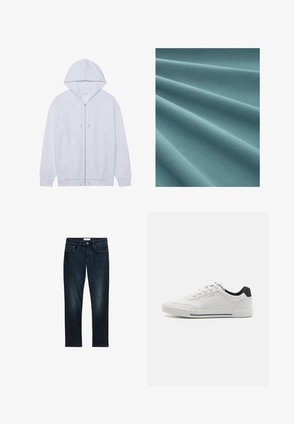 Hvid zip-up hoodie lavet af blødt stof, med snor i hætten, frontlommer og ribbede ærmer. Enkel og ren design.; Turkis stof med en glat, blød tekstur, der viser bløde folder og et ensartet strikkemønster gennem hele overfladen.; Mørkeblå denim jeans med slim fit, der har fem lommer, knaplukning og diskret falmning foran for tekstur.; Hvide sneakers med en glat syntetisk overdel, rund tå, snørebåndsdesign, marineblå accent på hælen og en tekstureret gummisål med en sort stribe.