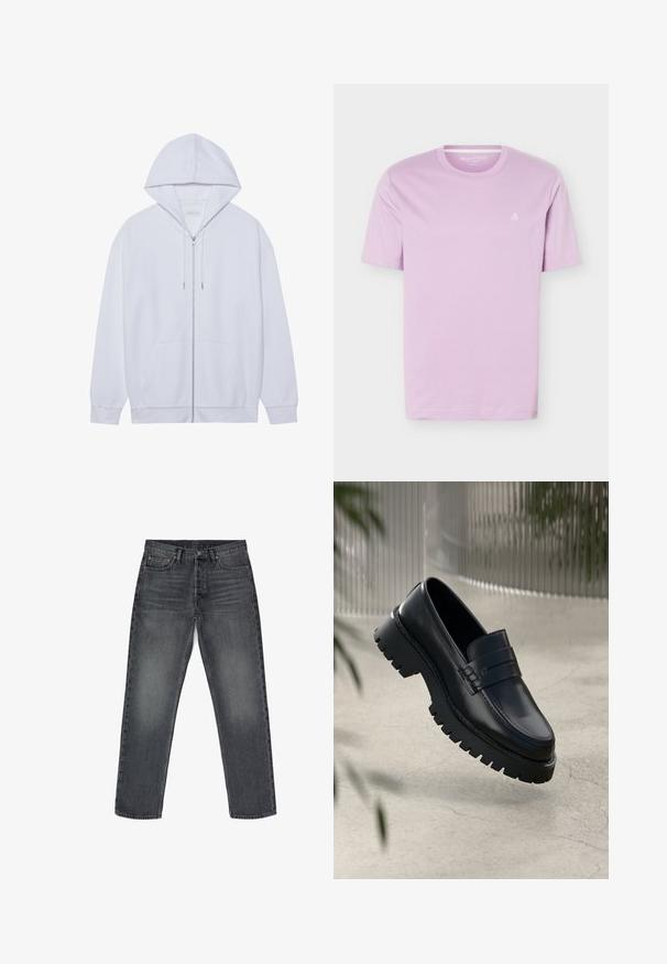 Hvid zip-up hoodie lavet af blødt stof, med snor i hætten, frontlommer og ribbede ærmer. Enkel og ren design.; Lyse lilla T-shirt med korte ærmer og rund halsudskæring, med lille hvidt "M OP"-logo på venstre bryst, vist på en hvid baggrund.; Grå denimbukser med lige pasform, der har fem lommer, en knaplukning og en diskret falmede effekt. Forstærkede sømme og kobberdetaljer.; Sorte læder loafers med en chunky sål, der har en dekorativ rem og syninger. Glat tekstur med en poleret overflade.