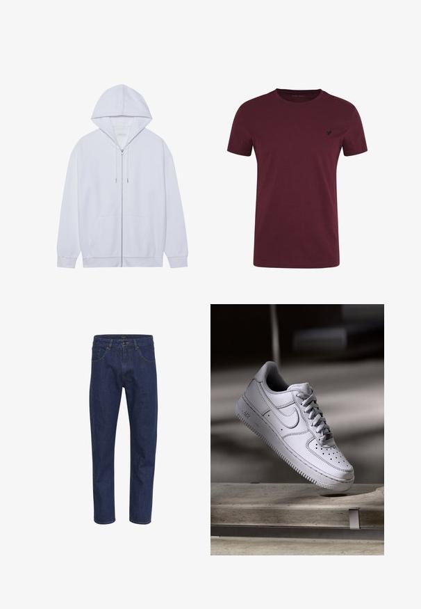 Sudadera blanca con cremallera hecha de tela suave, que cuenta con capucha ajustable, bolsillos frontales y mangas con puños acanalados. Diseño simple y limpio.; Camiseta burdeos de algodón, con cuello redondo, mangas cortas y un pequeño logo negro en el lado izquierdo del pecho. Textura suave, corte estándar.; Jeans de mezclilla azul oscuro con corte recto, cinco bolsillos y costuras amarillas. La tela tiene una textura suave.; Zapatilla Nike Air Force 1 de cuero blanco que presenta una puntera perforada, cordones planos y una suela de goma texturizada con la marca "AIR" en el lateral.