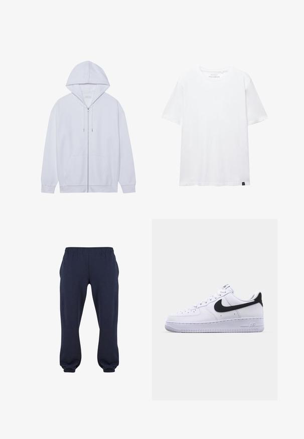 Haut à capuche zippé blanc en tissu doux, doté d'une capuche avec cordon de serrage, de poches avant et de manches à poignets côtelés. Design simple et épuré.; T-shirt blanc à manches courtes coupe droite avec encolure ronde et petite étiquette en tissu noire en bas de l'ourlet.; Pantalons de survêtement bleu marine avec une taille élastique et des manches resserrées, fabriqués en tissu doux, sans motifs ni accessoires visibles.; Sneaker en cuir blanc avec un Swoosh noir texturé, des lacets plats et une semelle en caoutchouc avec un motif strié. "AIR" est embossé sur le talon.