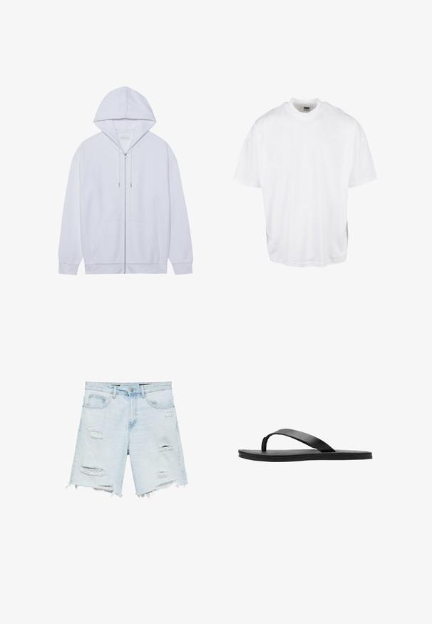 Haut à capuche zippé blanc en tissu doux, doté d'une capuche avec cordon de serrage, de poches avant et de manches à poignets côtelés. Design simple et épuré.; T-shirt en coton blanc avec une coupe décontractée, des manches courtes et un col rond, présentant un ourlet droit et sans graphiques ni motifs visibles.; Short en denim bleu clair avec des déchirures usées, des ourlets effilochés, un bouton devant et des poches, présenté sur fond blanc.; Sandale plate noire type tongs avec une bride simple et une semelle fine, montrée de profil sur fond blanc.