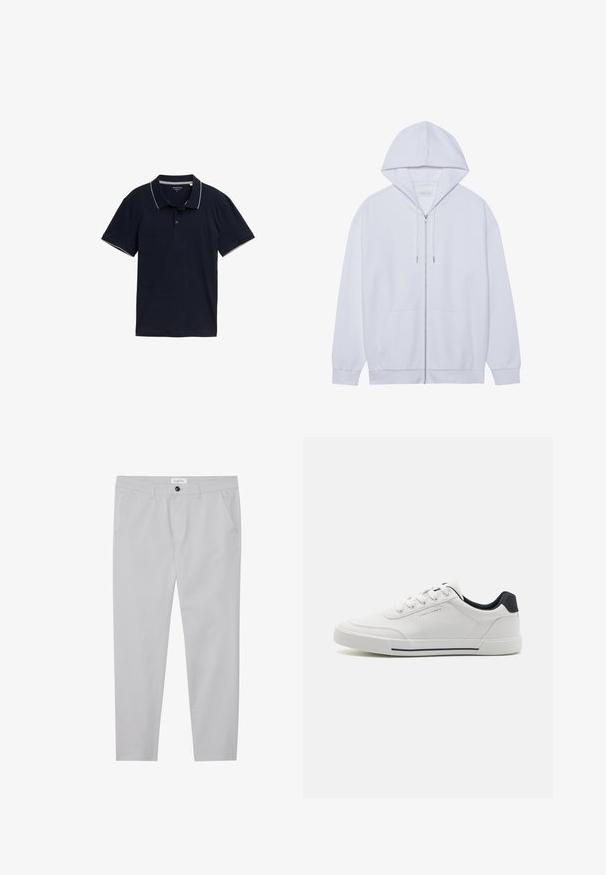Witte zip-up hoodie gemaakt van zachte stof, met een trekkoordkap, voorzakken en ribgebreide manchetten. Eenvoudig en schoon ontwerp.; Donkerblauwe polo shirt van katoen, met een klassieke kraag, een drie-knopen placket en contrasterende lichtgrijze afwerking op de kraag en mouwen.; Lichtgrijze broek van een zachte stof, met een slim fit, twee voorzakken, een knoopsluiting en subtiele textuurdetails.; Witte sneakers met een glad synthetisch bovenwerk, ronde neus, vetersluiting, marineblauwe accenten op de hiel en een gestructureerde rubberen zool met een zwarte streep.