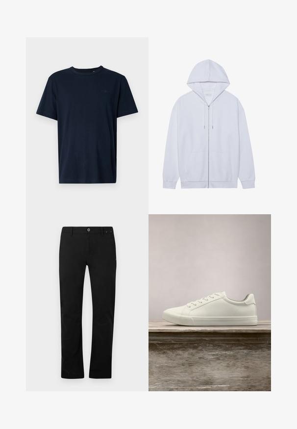 Hvid zip-up hoodie lavet af blødt stof, med snor i hætten, frontlommer og ribbede ærmer. Enkel og ren design.; Mørkeblå kortærmet t-shirt lavet af blødt stof med en rund halsudskæring, prydet med et lille logo og året "1962" trykt på brystet.; Sorte lige bukser med knap- og lynlåslukning, bæltestropper og sidelommer, præsenteret på en hvid baggrund.; Hvide snørresneakers svævende over en træbænk med grønne planter i baggrunden, der fremhæver skodesign og tekstur.