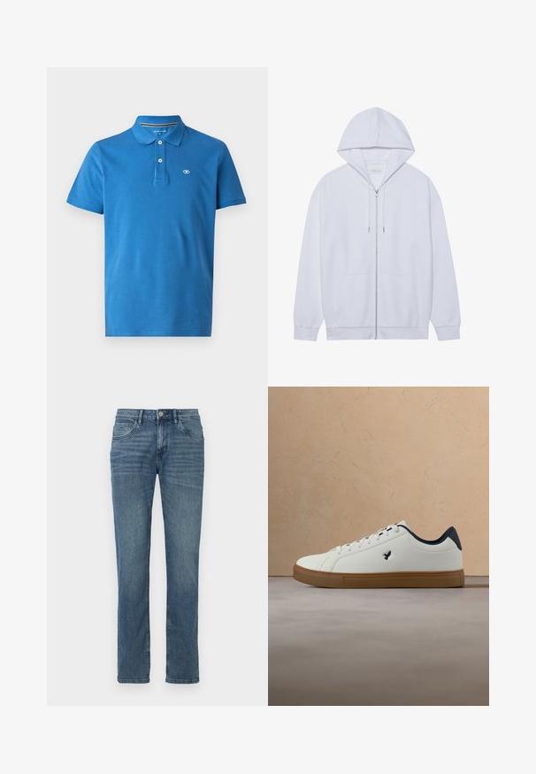 Hvid zip-up hoodie lavet af blødt stof, med snor i hætten, frontlommer og ribbede ærmer. Enkel og ren design.; Blå polo skjorte lavet af bomuld, med krave, to-knaps lukning, korte ærmer og et lille logo på brystet.; Straight-leg jeans lavet af medium-vasket denim. Har fem lommer, en knaplukning og diskret falmning langs fronten for tekstur.; Hvid sneaker med brun sål og sort indvendig foring, svævende over en beige textured tæppe i en moderne stueindretning.