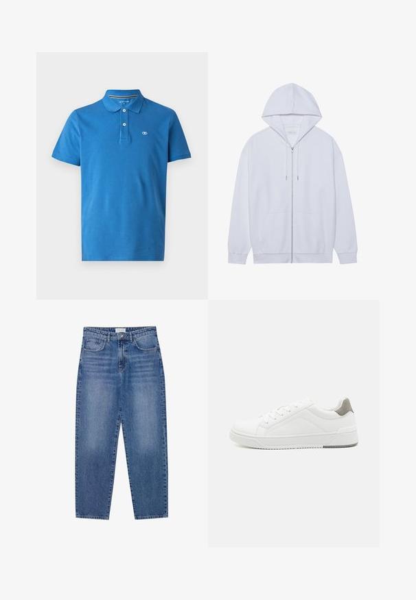 Witte zip-up hoodie gemaakt van zachte stof, met een trekkoordkap, voorzakken en ribgebreide manchetten. Eenvoudig en schoon ontwerp.; Blauwe poloshirt van katoen, met een kraag, een sluiting met twee knopen, korte mouwen en een klein logo op de borst.; Blauwe denim jeans met een hoge taille, rechte pijpen en een vervaagde afwerking. Beschikt over vijf zakken en een knoopsluiting.; Witte sneaker van glad leer met een ronde neus, minimalistisch ontwerp, grijze hielaccent en een geplaatste rubberen zool.
