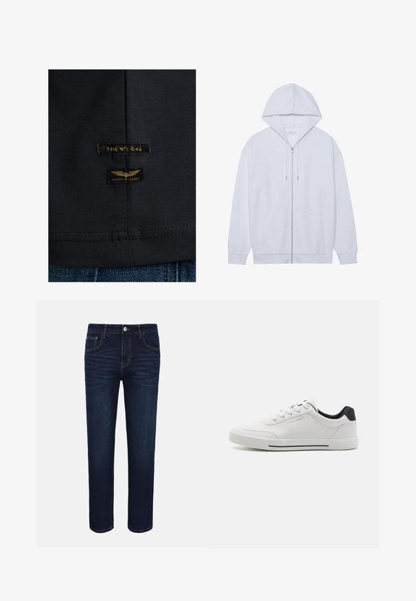 Hvid zip-up hoodie lavet af blødt stof, med snor i hætten, frontlommer og ribbede ærmer. Enkel og ren design.; Sort bomulds t-shirt med en glat tekstur. Har to mærker: "TYPE NO: C-46" og "AMERICAN CLASSIC" i gul på mørkt stof.; Mørkeblå denimjeans med forlommer, knappelukning og subtile falmede detaljer ved lårene på hvid baggrund.; Hvide sneakers med en glat syntetisk overdel, rund tå, snørebåndsdesign, marineblå accent på hælen og en tekstureret gummisål med en sort stribe.