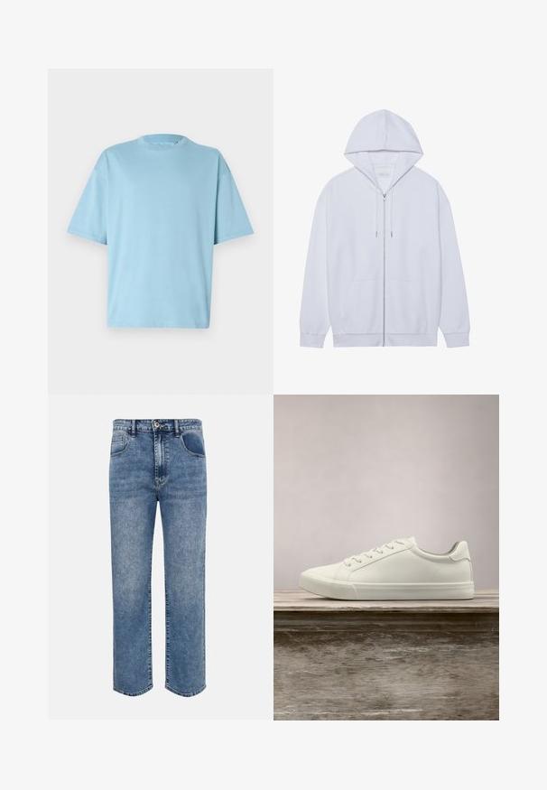 Witte zip-up hoodie gemaakt van zachte stof, met een trekkoordkap, voorzakken en ribgebreide manchetten. Eenvoudig en schoon ontwerp.; Lichtblauwe katoenen T-shirt met een ronde hals, korte mouwen en een losse pasvorm. Smooth textuur en minimalistisch ontwerp.; Blauwe denim jeans met rechte pijpen, voorzakken, lussen voor een riem, knoopsluiting en een vervaagde wassing.; Witte vetersneaker die boven een houten bank zweeft met groene bladeren op de achtergrond, waarbij het ontwerp en de textuur van de schoen worden getoond.