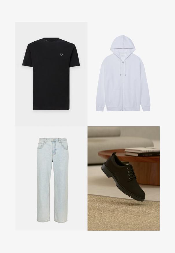 Weißer Zip-Hoodie aus weichem Material, mit einer Kapuze mit Kordelzug, Fronttaschen und gerippten, abgeschlossenen Ärmeln. Schlichtes und sauberes Design.; Schwarz Baumwoll-T-Shirt mit kurzen Ärmeln, rundem Halsausschnitt und einem kleinen weißen Logo auf der linken Brustseite. Glatte Textur, schlichtes Design.; Hellblaue Jeans mit geradem Bein, Fronttaschen, Gürtelschlaufen und Knopfverschluss auf einfarbigem Hintergrund.; Schwarzer Leder-Schnürschuh mit klobiger Sohle, der über einem beigen Teppich in einem minimalistischen Wohnzimmer schwebt