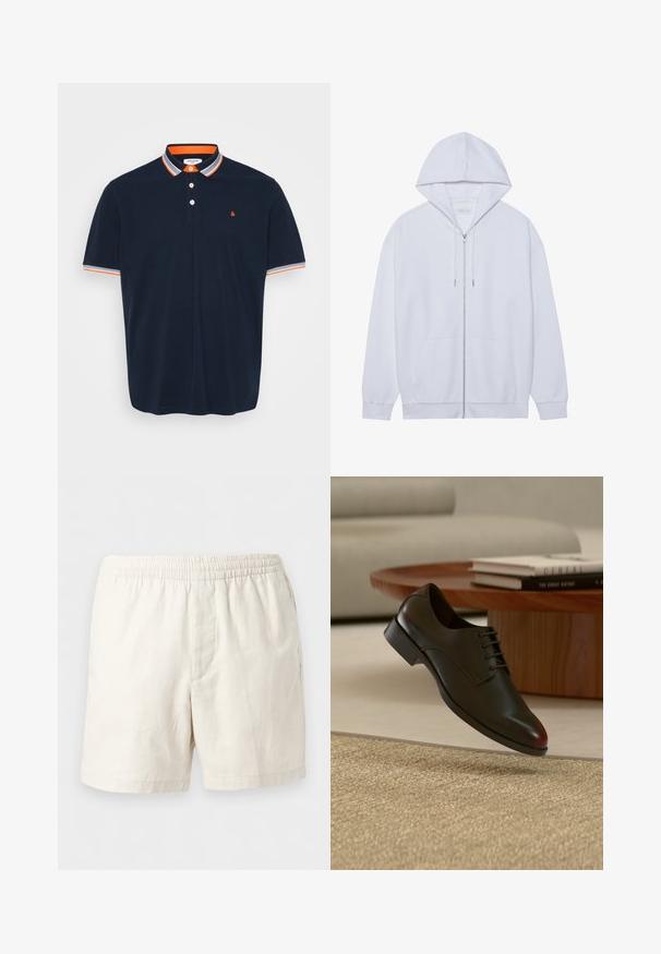 Hvid zip-up hoodie lavet af blødt stof, med snor i hætten, frontlommer og ribbede ærmer. Enkel og ren design.; Marineblå polo T-shirt i bomuld med krave, der har orange og grå striber, tre-knaps knaplukning og lille broderet logo på brystet.; Off-white afslappede shorts med elastisk taljebånd, lige ben og glat stofstruktur.; Sort lædersko med snørebånd hængende over et tekstureret beige tæppe, rundt bord i træ med stabler af bøger i baggrunden.