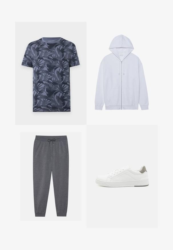 Haut à capuche zippé blanc en tissu doux, doté d'une capuche avec cordon de serrage, de poches avant et de manches à poignets côtelés. Design simple et épuré.; T-shirt homme manches courtes col rond bleu foncé avec un motif discret de feuilles tropicales sur l'ensemble.; Pantalon de survêtement gris avec une taille élastique, cordon de serrage ajustable, poches latérales et poignets resserrés, fabriqué en tissu doux.; Basket blanche en cuir lisse, à bout arrondi, design minimaliste, accent de talon gris et semelle en caoutchouc texturé.