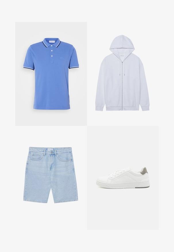 Sudadera blanca con cremallera hecha de tela suave, que cuenta con capucha ajustable, bolsillos frontales y mangas con puños acanalados. Diseño simple y limpio.; Polo azul de algodón con una abertura de tres botones, con rayas contrastantes en blanco y azul marino en el cuello y los puños de las mangas.; Shorts de mezclilla azul claro con corte recto, que cuentan con bolsillos frontales, cierre de botón y un acabado desgastado. Diseño clásico de cinco bolsillos.; Zapatilla blanca con material de cuero liso, punta redonda, diseño minimalista, acento gris en el talón y suela de goma texturizada.