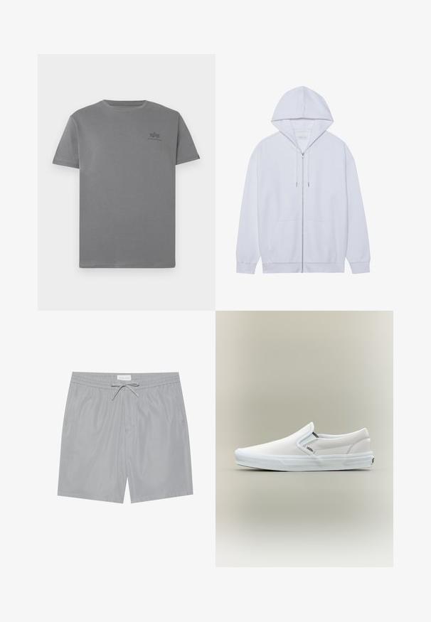 Hvid zip-up hoodie lavet af blødt stof, med snor i hætten, frontlommer og ribbede ærmer. Enkel og ren design.; Grå bomulds T-shirt med rund hals og korte ærmer. Har et lille sort logo på venstre brystområde. Glat tekstur.; Grå shorts lavet af glat, let materiale med elastisk talje, snøre lukning og sidelommer.; Hvid Vans slip-on sneaker med gummisål og elastiske sidepaneler vist mod en ensfarvet baggrund.