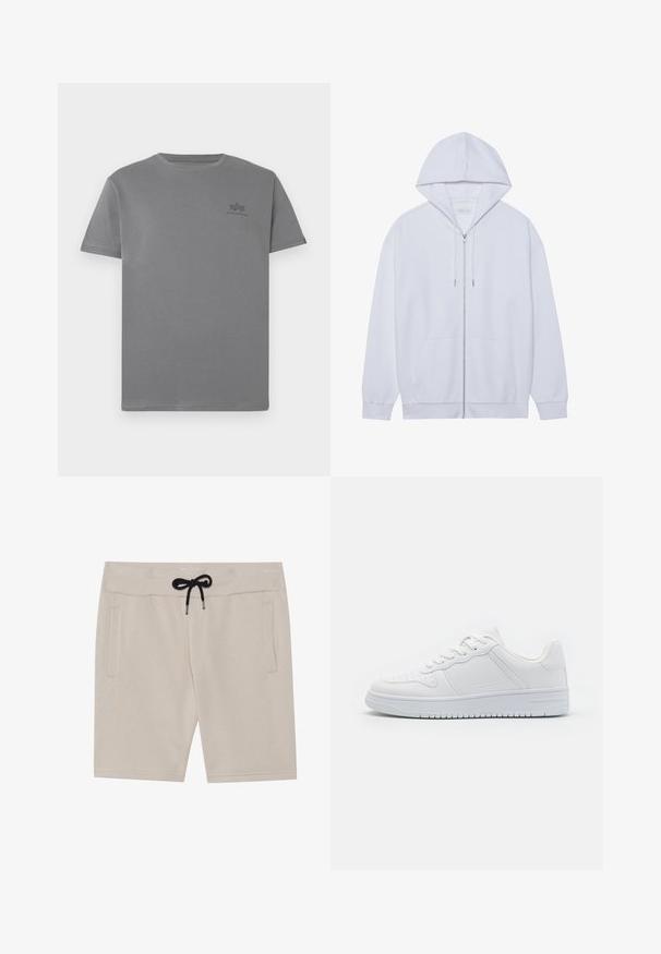 Sudadera blanca con cremallera hecha de tela suave, que cuenta con capucha ajustable, bolsillos frontales y mangas con puños acanalados. Diseño simple y limpio.; Camiseta de algodón gris con cuello redondo y mangas cortas. Presenta un pequeño logo negro en la parte izquierda del pecho. Textura suave.; Pantalones cortos beige hechos de una tela suave, con una cinturilla elástica y un cordón negro, además de dos bolsillos laterales. Diseño simple y corte recto.; Zapatillas blancas hechas de material sintético liso, con cordones planos, puntera perforada y suela de goma con un patrón de agarre texturizado.