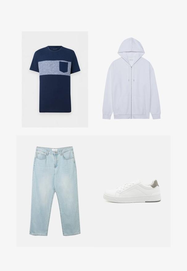 Haut à capuche zippé blanc en tissu doux, doté d'une capuche avec cordon de serrage, de poches avant et de manches à poignets côtelés. Design simple et épuré.; T-shirt homme bleu marine à manches courtes avec une bande horizontale rayée bleu clair et blanc sur la poitrine et une poche poitrine unie bleu marine.; Jean en denim bleu clair avec une coupe décontractée, cinq poches, une fermeture à bouton et un léger délavage. La texture est douce et légèrement usée.; Basket blanche en cuir lisse, à bout arrondi, design minimaliste, accent de talon gris et semelle en caoutchouc texturé.