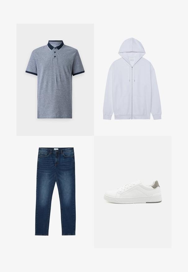 Haut à capuche zippé blanc en tissu doux, doté d'une capuche avec cordon de serrage, de poches avant et de manches à poignets côtelés. Design simple et épuré.; Polo gris à manches courtes avec un col et des poignets de manche navy. Il dispose de trois boutons noirs et d'une texture chinée discrète.; Jean slim-fit bleu foncé avec des détails délavés, design classique à cinq poches, fermeture à bouton et passants de ceinture.; Basket blanche en cuir lisse, à bout arrondi, design minimaliste, accent de talon gris et semelle en caoutchouc texturé.