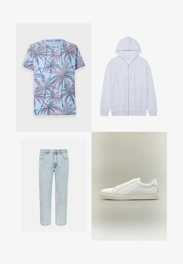 Haut à capuche zippé blanc en tissu doux, doté d'une capuche avec cordon de serrage, de poches avant et de manches à poignets côtelés. Design simple et épuré.; T-shirt bleu clair à manches courtes avec un motif intégral de palmiers rose et bleu marine.; Jean en denim bleu clair à jambes droites avec poches avant, passants pour ceinture et fermeture par bouton.; Baskets blanches basses à lacets sur l’avant et semelle épaisse, vues de côté sur un fond neutre.