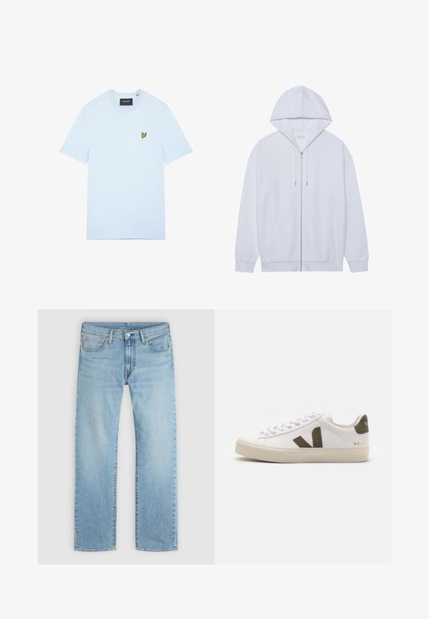 Haut à capuche zippé blanc en tissu doux, doté d'une capuche avec cordon de serrage, de poches avant et de manches à poignets côtelés. Design simple et épuré.; T-shirt en coton bleu clair avec col rond, arborant un petit logo d'oiseau jaune brodé sur le côté gauche de la poitrine. Manches courtes, couleur unie.; Jean en denim bleu clair à jambes droites avec bouton avant et poches, présenté à plat sur un fond gris clair.; Baskets en cuir blanc avec une semelle en caoutchouc beige clair. Présentent un logo en V en daim marron et une languette de talon. Fermeture à lacets avec une surface texturée.