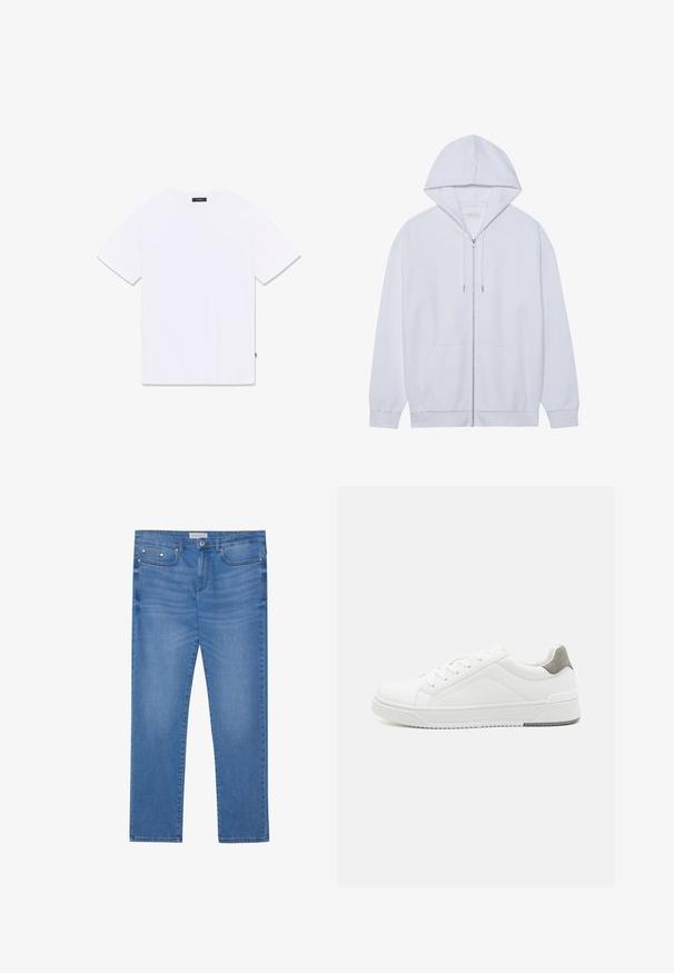 Witte zip-up hoodie gemaakt van zachte stof, met een trekkoordkap, voorzakken en ribgebreide manchetten. Eenvoudig en schoon ontwerp.; Witte T-shirt met korte mouwen en een ronde hals, plat liggend getoond van achteren, met een klein zwart label bij de hals en zijnaad.; Lichtblauwe spijkerbroek met een rechte pijp, vijf zakken, subtiele vervaging en metalen accenten op de taille en zakken.; Witte sneaker van glad leer met een ronde neus, minimalistisch ontwerp, grijze hielaccent en een geplaatste rubberen zool.