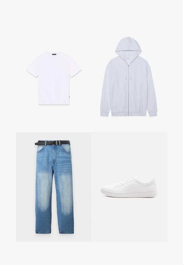 Sudadera blanca con cremallera hecha de tela suave, que cuenta con capucha ajustable, bolsillos frontales y mangas con puños acanalados. Diseño simple y limpio.; Camiseta blanca de manga corta con cuello redondo, mostrada plana desde atrás, con una pequeña etiqueta negra en el cuello y la costura lateral.; Jean de mezclilla azul claro con pierna recta, que presenta un cinturón negro, parches desgastados y una sutil textura diagonal en la sección superior.; Zapatilla blanca de cuero liso con cierre de cordones, diseño bajo y suela gruesa de caucho, vista lateral sobre un fondo liso.