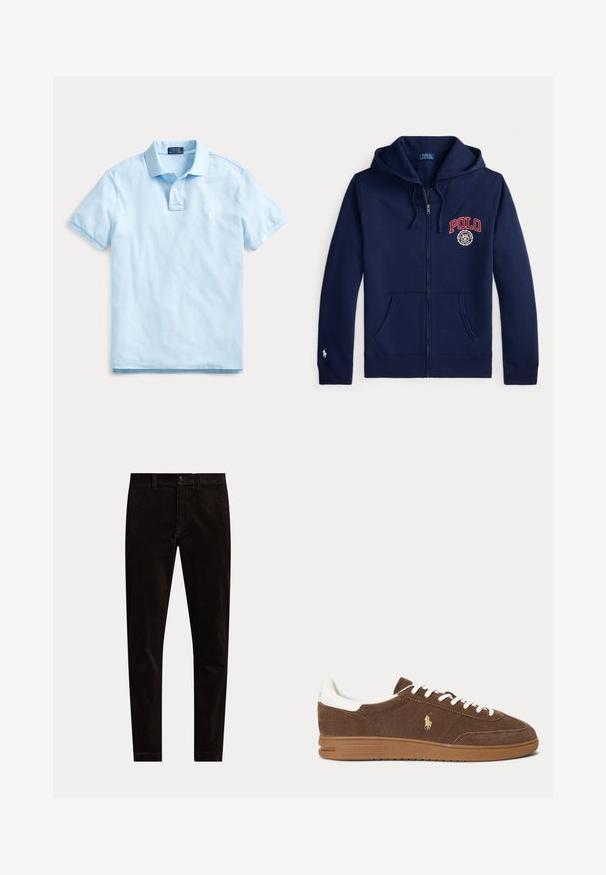 Tmavomodrá mikina na zips s kapucňou a prednými vreckami, červený text "POLO" a emblém na hrudi a malý biely logo koňa na ľavom rukáve.; Svetlomodré polokošeľa s krátkym rukávom, golierom, zapínaním na dva gombíky a jemným vyšitým logom na ľavej strane hrudníka.; Čierne slim fit manšestrové nohavice so zapínaním na gombík a zips, s pútkami na opasok a jednoduchým predným dizajnom na bielom pozadí.; Hnedý semišový teniska s bielymi šnúrkami a pätou, gumovou podrážkou a zlatým logom koňa Ralph Lauren na boku.