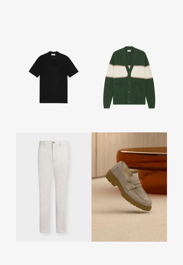 Cardigan vert en tricot côtelé avec un col en V, des rayures horizontales crème et beige, deux poches avant et cinq boutons sur le devant.; Polo noir en tissu tricoté texturé. Doté d'un col classique et de manches courtes. Logo discret sur la poitrine.; Pantalon beige slim homme avec passants de ceinture, fermeture par bouton et poches avant, présenté sur fond blanc.; Mocassin en daim gris clair avec une semelle en caoutchouc marron épaisse, posé sur un tapis beige devant une table ronde marron floue.