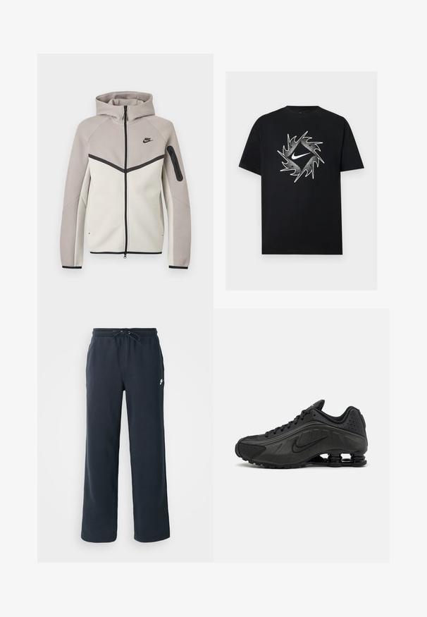 Tweekleurige beige en lichtgrijze Nike zip-up hoodie met capuchon, zwarte rits, mouwzakje en zwart Nike-logo op de borst.; Zwart T-shirt met korte mouwen met een witte Nike-swoosh in het midden, omgeven door een dynamisch stekelig cirkelontwerp.; Donkerblauwe joggingbroek met een elastische tailleband en een trekkoord. Gemaakt van zachte stof, met een klein wit logo op de linkerheup.; Zwarte hardloopschoenen met een glad bovenwerk van synthetisch materiaal, geperforeerde accenten, gestructureerde zijpanelen en een opvallende veerkrachtige zool.