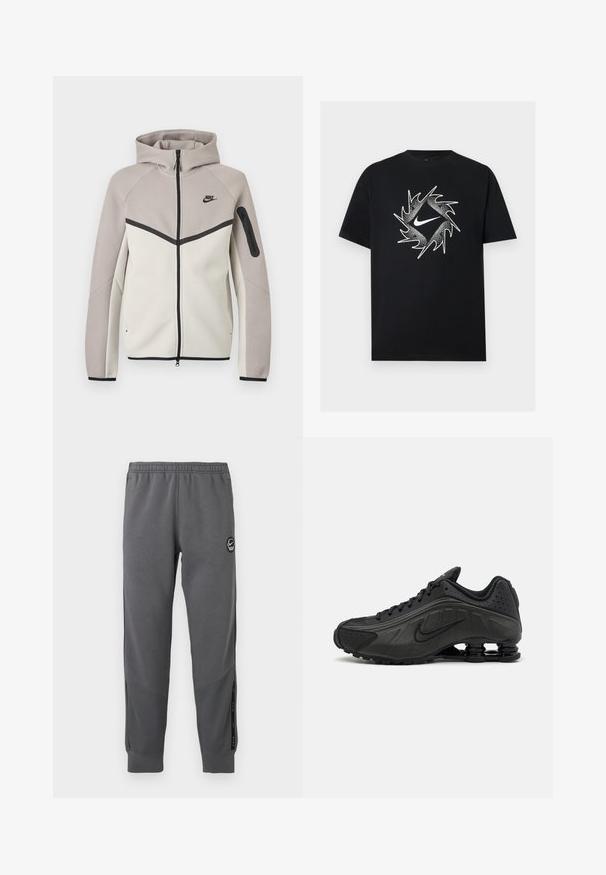 Zweifarbiger beige und hellgrauer Nike Kapuzenpullover mit durchgehendem Reißverschluss, Kapuze, schwarzem Reißverschluss, Ärmeltasche und schwarzem Nike-Logo auf der Brust.; Schwarzes T-Shirt mit kurzen Ärmeln und einem weißen Nike-Swoosh in der Mitte, umgeben von einem dynamischen stacheligen Kreisdesign.; Graue Sweatpants aus weichem Stoff mit einem elastischen Bund, schmal zulaufenden Beinen, Seitenpaneelen und einem runden Logo-Patch.; Schwarze Laufschuhe mit einem glatten synthetischen Obermaterial, durchbrochenen Akzenten, strukturierten Seitenpaneelen und einer ausgeprägten federnden Sohle.