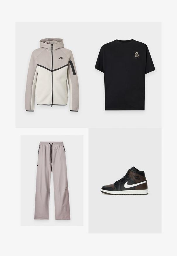 Tweekleurige beige en lichtgrijze Nike zip-up hoodie met capuchon, zwarte rits, mouwzakje en zwart Nike-logo op de borst.; Zwart T-shirt met korte mouwen met een klein beige wapenlogo op de linkerborst, met het woord "NIKE" binnen een lauwerkrans- en kroondesign.; Lichtgrijze losse broek met elastische tailleband, zwarte verstelbare trekkoord en zijzakken met zwarte ritsdetails.; Zwarte en bruine hoge sneakers met leren bovenwerk, witte swoosh-logo, geperforeerde neus en rubberen zool. Beschikt over zwarte veters en kraag.