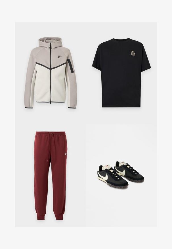 Kahes toonis beež ja helehall Nike lukuga dressipluus kapuutsiga, must lukustus, varrukatasku ja must Nike logo rinnal.; Must lühikeste varrukatega T-särk, millel on vasakul rinnal väike beež vapilogo, millel on sõna „NIKE“ pärja ja krooni kujunduses.; Burgundia värvi dressipüksid, mis on valmistatud pehmest kangast, millel on elastne vöökoht koos nööriga ja kitsenevad mansetid, millel on väikene valge logo.; Mustad mustandiga spordijalatsid, valge Swooshi logo ja kummist tallaga, millel on väiksed konarused haarde tagamiseks. Kreemivärvi kael.