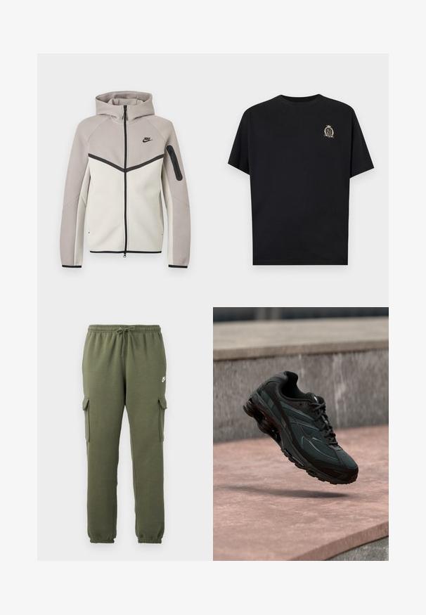 Zweifarbiger beige und hellgrauer Nike Kapuzenpullover mit durchgehendem Reißverschluss, Kapuze, schwarzem Reißverschluss, Ärmeltasche und schwarzem Nike-Logo auf der Brust.; Schwarzes T-Shirt mit kurzen Ärmeln und kleinem beigefarbenem Wappen-Logo auf der linken Brust, das das Wort „NIKE“ in einem Lorbeer- und Kronenmotiv zeigt.; Olivgrüne Cargo-Hosen mit elastischem Bund, Kordelzugverschluss, Seitentaschen und logo auf dem Oberschenkel. Glattes Baumwollmischgewebe.; Schwarzer athletischer Sneaker mit sichtbarer Air-Cushioning-Zwischensohle, der über einer rosa Steinoberfläche mit grauer Steinmauer im Hintergrund schwebt.