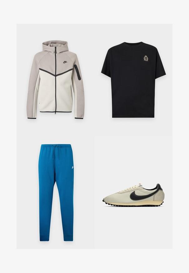 Kahes toonis beež ja helehall Nike lukuga dressipluus kapuutsiga, must lukustus, varrukatasku ja must Nike logo rinnal.; Must lühikeste varrukatega T-särk, millel on vasakul rinnal väike beež vapilogo, millel on sõna „NIKE“ pärja ja krooni kujunduses.; Sinised dressipüksid elastse vöökohtaga ja reguleeritava stringiga. Tootel on valge logo reiele ja kitsenevad mansetid pahkluude juures.; Beežid kanvasist tekkised mustade nahast detailidega, ümar varvas, lame must välistald ja valged paelad. Omab silmapaistvat musta logo.