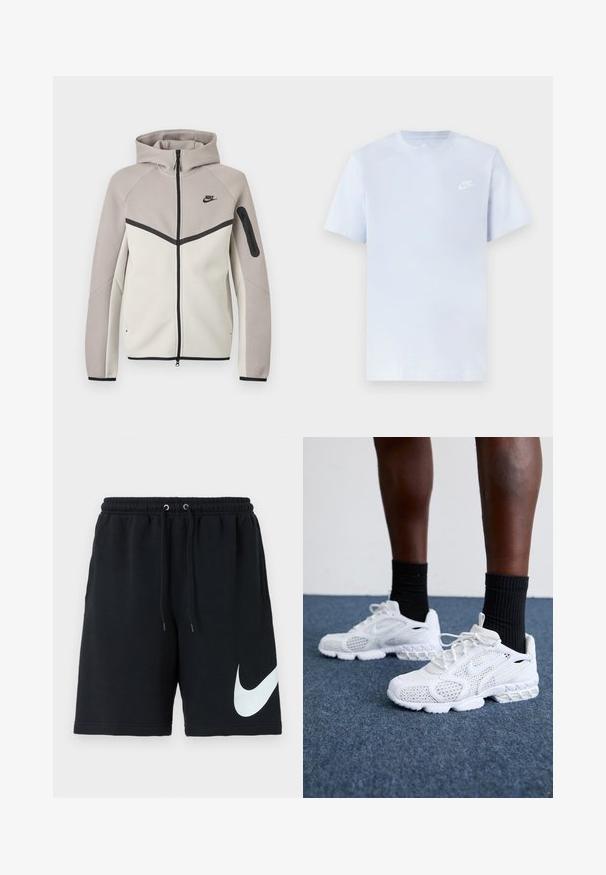 Dvojfarebná béžovo-sivá mikina Nike na zips s kapucňou, čiernym zipsom, vreckom na rukáve a čiernym logom Nike na hrudi.; Svetlomodré bavlnené tričko s krátkymi rukávmi, okrúhlym výstrihom a bielym logom Nike potlačeným na ľavej hrudi. Hladká textúra, jednoduchý dizajn.; Čierne bavlnené šortky s elastickým pásom, šnúrkou, bočnými vreckami a veľkým bielym logom Nike potlačeným na ľavej strane.; Biele športové topánky s priedušnou sieťovinou, textúrovanými akcentmi a polstrovanou podrážkou. Kombinované s čiernymi rebrovanými členkovými ponožkami na modrom kobercovom povrchu.