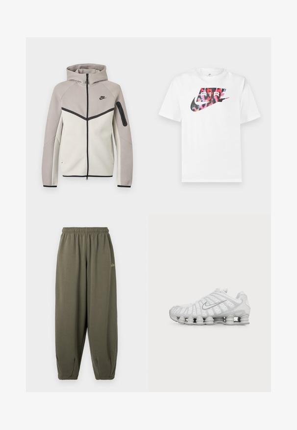 Tofarvet beige og lysegrå Nike hættetrøje med lynlås, hætte, sort lynlås, lomme på ærmet og sort Nike-logo på brystet.; Hvid T-shirt med korte ærmer med en stor Nike-logo i sort og flerfarvet leopardmønster samt ordet "AIR" inde i logoet.; Grågrønne sweatpants med elastisk talje og manchetter. Har minimal branding i matchende tråd på siden. Blød tekstur.; Hvid Nike løbesko med synlig luftstøbt sål og sølv swoosh-logo på siden, vist fra ydersiden.