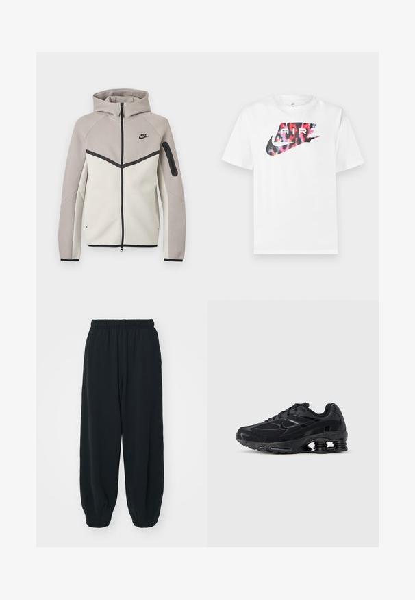 Sweat à capuche zippé bicolore beige et gris clair Nike, avec capuche, fermeture éclair noire, poche sur la manche et logo Nike noir sur la poitrine.; T-shirt blanc à manches courtes avec un grand logo Nike en noir et motif léopard multicolore, avec le mot "AIR" à l'intérieur du logo.; Pantalons de survêtement noirs avec taille élastiquée, coupe ample, chevilles côtelées, texture lisse et sans motifs ni accents matériels visibles.; Chaussure de sport noire avec une tige en mesh, un col rembourré et une technologie d'amorti proéminente au talon. Caractérisée par des accents texturés et des lacets.