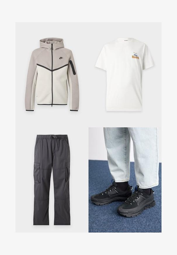 Kaksivärinen beige ja vaalean harmaa Nike vetoketjullinen huppari hupulla, musta vetoketju, hihatasku ja musta Nike-logo rinnassa.; Valkoinen lyhythihainen t-paita, jossa on pieni kuva keittiömestarista pitämässä pizzaa ja teksti "Marco's" vasemmassa rintamuksessa.; Tummanharmaat cargo-housut joustavalla vyötäröllä, kiristysnyörillä, sivutaskuilla ja läppätaskuilla kummassakin reisissä, esitettynä tasaisena valkoisella taustalla.; Mustat urheilukengät, joissa on teksturoitu kangas ja kumipohjat, elastiset nauhat ja sininen yksityiskohta kannassa. Yhdistetty vaaleisiin farkkuihin.