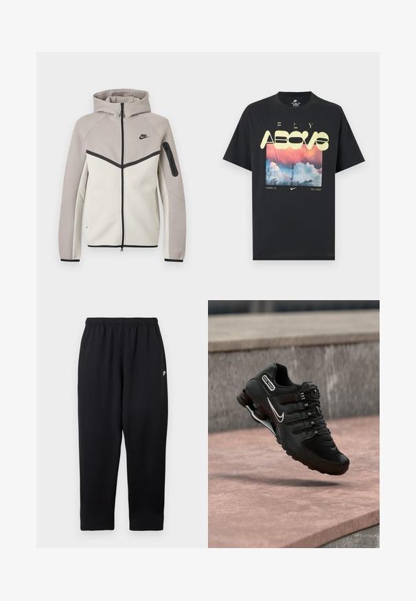 Tofarvet beige og lysegrå Nike hættetrøje med lynlås, hætte, sort lynlås, lomme på ærmet og sort Nike-logo på brystet.; Sort bomuld T-shirt med grafik af skyer, en lyserød og blå himmel samt fed gul tekst med ordene "FLY ABOVE" og "THERE IS NO LIMIT."; Sorte joggingbukser med elastisk taljebånd, der har et lille hvidt logo på venstre side. Fremstillet af blødt, let stof. Lige ben.; Sort Nike Shox løbesko med hvid swoosh-logo, midt i luften over en rosa betonoverflade mod en grå stenmur som baggrund.