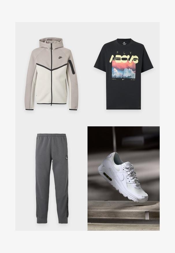 Sudadera con capucha Nike bicolor en beige y gris claro con cremallera, capucha, cremallera negra, bolsillo en la manga y logo Nike negro en el pecho.; Camiseta negra de algodón con un gráfico que muestra nubes, un cielo rosa y azul, y un texto amarillo llamativo que dice "FLY ABOVE" y "THERE IS NO LIMIT."; Pantalones de chándal grises hechos de una tela suave con una cintura elástica, piernas ajustadas, paneles laterales y un parche de logo circular.; Zapatilla Nike Air Max 90 blanca con parte superior de malla y cuero, caja de puntera perforada y unidad de aire visible en el talón.
