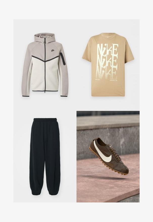 Tweekleurige beige en lichtgrijze Nike zip-up hoodie met capuchon, zwarte rits, mouwzakje en zwart Nike-logo op de borst.; Beige Nike T-shirt met korte mouwen met overlappend grote witte "NIKE" tekst en kleine "NIKE INC." en "OREGON, USA" onderaan.; Zwarte, elastiche sweatpants met een losse pasvorm, manchetten aan de enkels, een zachte textuur en zonder zichtbare patronen of hardwareaccenten.; Bruine Nike hardloopschoen met wit swoosh-logo en gumzool zwevend boven een roze stenen oppervlak met een grijze stenen achtergrond.