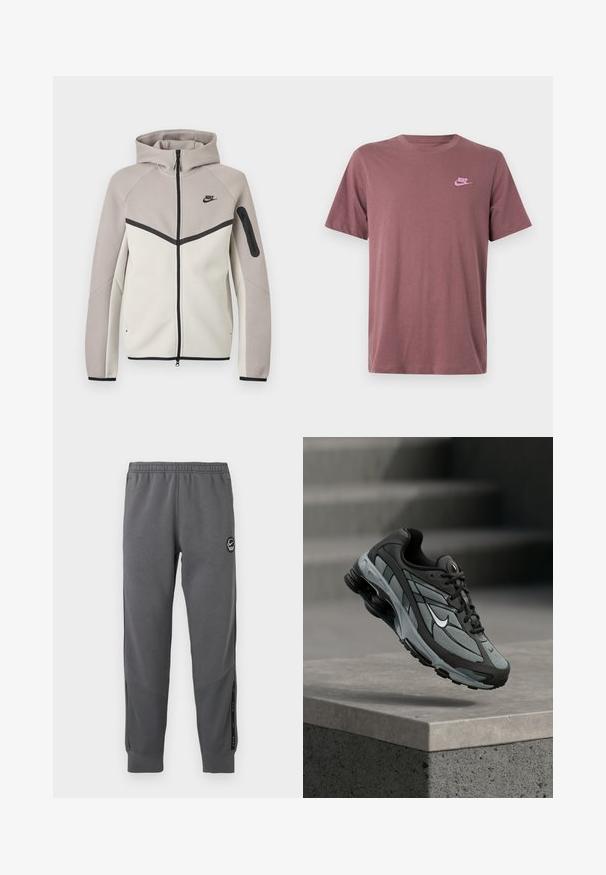 Kahes toonis beež ja helehall Nike lukuga dressipluus kapuutsiga, must lukustus, varrukatasku ja must Nike logo rinnal.; Tumesinine puuvillane T-särk lühikeste varrukatega, ümmarguse kaelusega ja roosa Nike logoga vasakul rinnal. Sile tekstuur, standardist kitsam lõige.; Hallid hallid dressipüksid, mis on valmistatud pehmest kangast, elastse vöökoha, kitsenevate jalgade, külgpaneelide ja ümmarguse logo plaastri abil.; Hall ja musta sportlik toss, millel on võrkmaterjalist paneelid ja paks tald, paigutatud õhus betoonist äärekivi ja treppide kohal taustal.