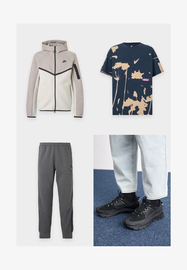 Tweekleurige beige en lichtgrijze Nike zip-up hoodie met capuchon, zwarte rits, mouwzakje en zwart Nike-logo op de borst.; Marineblauw Nike T-shirt met korte mouwen, voorzien van beige tie-dye bloemenpatronen en een klein roze Nike-logo aan de voorzijde rechtsonder.; Grijze sweatpants van zacht materiaal met een elastische tailleband, taps toelopende benen, zijpanelen en een ronde logo patch.; Zwarte sportschoenen met gestructureerde stof en rubberen zolen, met elastische veters en een blauwe accent op de hiel. Draag samen met lichte spijkerbroeken.