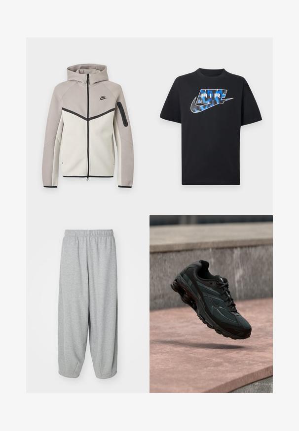 Kahes toonis beež ja helehall Nike lukuga dressipluus kapuutsiga, must lukustus, varrukatasku ja must Nike logo rinnal.; Must lühikeste varrukatega t-särk, millel on rinnal sinise ja valge stiliseeritud tekst "AIR" ning Nike Swooshi logo.; Heledad hallid, lõdva istuvusega treeningpüksid, mis on valmistatud pehmest kangast. Elastsest materjalist vöökoht ja soonikud pahkluude juures. Lihtne ja kaunistusteta disain.; Must sportlik toss nähtava õhkpadi keskmise tallaga, hõljudes roosa kivipinna kohal, mille taustal on hall kivimüür.