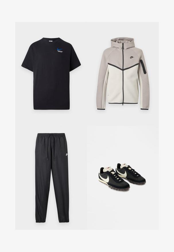 Dvojfarebná béžovo-sivá mikina Nike na zips s kapucňou, čiernym zipsom, vreckom na rukáve a čiernym logom Nike na hrudi.; Čierne tričko s krátkym rukávom, s malým modrým Nike swoosh a bielym textom "ATHLETIC DEPT JUST DO IT." na hornej ľavej strane hrudi.; Čierne teplákové nohavice so elastickým pásom a nastaviteľným šnúrkou. Jemný, ľahký materiál s malým bielym logom Nike.; Čierne športové topánky s textúrovaným zvrškom, bielym logom Swoosh a gumovou podrážkou s malými hrotmi pre lepšiu trakciu. Krémový golier.